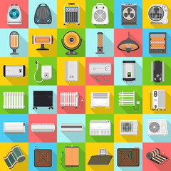 Electric heater icon set. Flat set of electric heater vector icons for web design