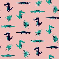Crocodile and dino cute green and blue kids pink pattern design. Seamless textile fabric vector texture.