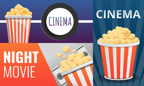 Popcorn cinema banner set. Cartoon illustration of popcorn cinema vector banner set for web design