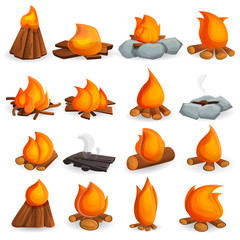 Campfire icon set. Cartoon set of campfire vector icons for web design