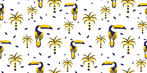 Exotic toucan birds and palm trees seamless pattern for fabric trendy print. Tropical parrot bird vector print fashion background. © YoPixArt