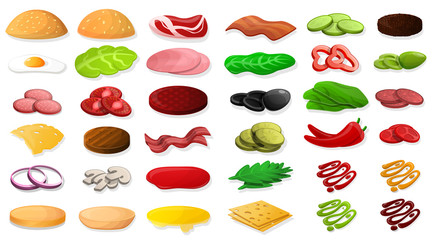 Burger element food icon set. Cartoon set of burger element food vector icons for web design