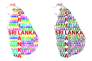 Sketch Sri Lanka letter text map, Democratic Socialist Republic of Sri Lanka - in the shape of the continent, Map Sri Lanka (Ceylon) - color vector illustration