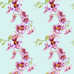 Fototapeta na wymiar Watercolor orchid branch, hand drawn floral seamless pattern background. Flora watercolor illustration, botanical painting, hand drawing.