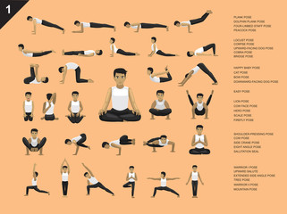 Manga Yoga Man Easy Poses Set Cartoon Vector Illustration