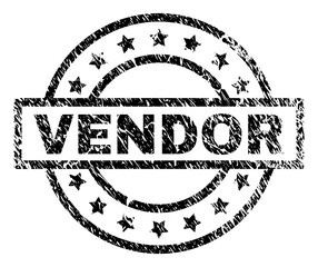 VENDOR stamp seal watermark with distress style. Designed with rectangle, circles and stars. Black vector rubber print of VENDOR caption with grunge texture.