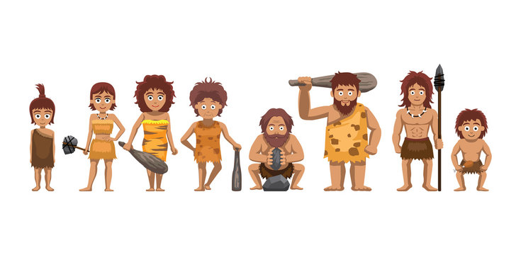 Family Standing Cartoon Vector Illustration Caveman Set