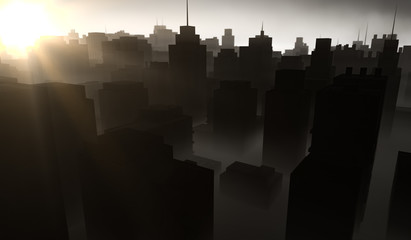 Silhouette cityscape background with sun shine. Black buildings with smoke. 3D Rendering Illustration.