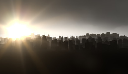 Fototapeta premium Silhouette cityscape background with sun shine. Black buildings with smoke. 3D Rendering Illustration.