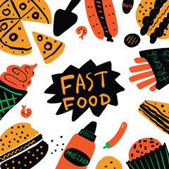 Fast food. Hand lettering inscription and illustration of food. Vector.