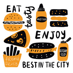 Funny hand drawn illustration of fast food with lettering. Ideal for fast food cafe advertising. Vector design.