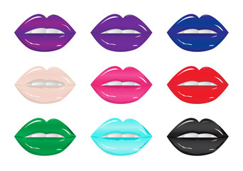 Bright glamorous glossy lips  different colors. Sweet sexy pop art. Shining gloss lipstick, white teeth. Vector illustration of sexy woman's lips with different matte lipstick tones. 