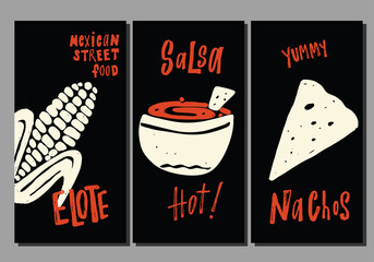 Traditional mexican street food. Set of hand drawn templates. Elote, nachos, salsa. Made in vector.