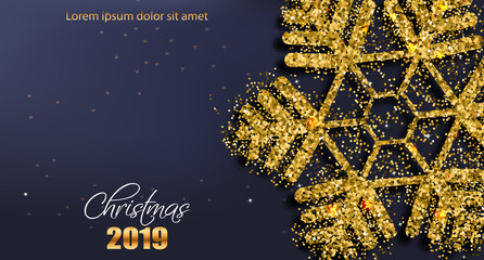 Merry CHristmas snowflake in golden glitter Vector. Realistic 3d banner. Winter holidays background templates