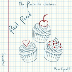 Vector of sketch fast food. Doodle food icon. Hand drawn illustrations on a sheet of exercise book. Blue pen drawing