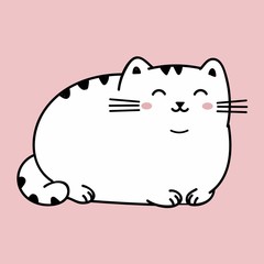 kawaii cute fat white cat isolated on a pink background. Vector anime style illustration