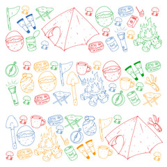 Camping, hiking, scouts. Vector set of doodle icons. Adventure at forest and nature with compass, tent, tincans. Pattern with colorful elements.