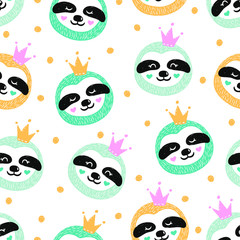 Seamless kids pattern with cute baby sloths. Colorful repeating background with funny sloth face in the crown, Adorable animal design in the childish style. Vector illustration