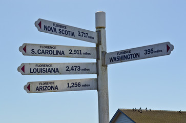 Mileage sign to other towns named Florence in North America - Old Town in Florence Oregon