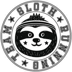 Cool vector sloth running team illustration for t-shirt, card, sticker, logo, emblem, banner, poster. Sport style, adorable animal design. Cute baby boy sloth, black and white round print © Dasha D