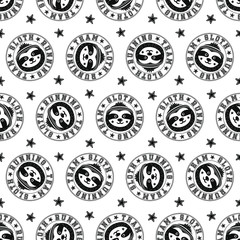 Cool vector sloth running team seamless pattern. Sport style repeating background with funny sloth's faces, adorable cartoon animal. Black and white print