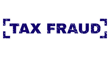 TAX FRAUD tag seal print with corroded texture. Text tag is placed inside corners. Blue vector rubber print of TAX FRAUD with corroded texture.