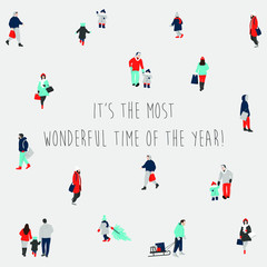 Winter season background with crowd of people dressed in outerwear walking, carrying shopping bags. Kids playing in the snow. Merry Christmas card, poster, banner. Vector illustration