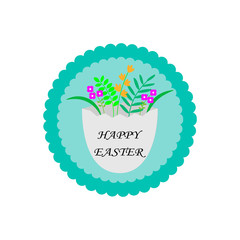 Vector Easter Party Flyer, card Illustration with flowers, leaves and egg with congradulation on nature blue background.