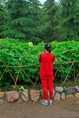 Lady dressed in red ornamental peony