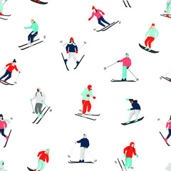 Winter seamless pattern with snowboarders and skiers skiing downhill. Mountain sport activities. Man and woman dressed in winter clothing in the ski resort. Vector group smiling people on white - 239700711