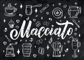 Hand lettering ellements in sketch style for coffee shop or cafe. Hand drawn vintage cartoon design, isolated on background