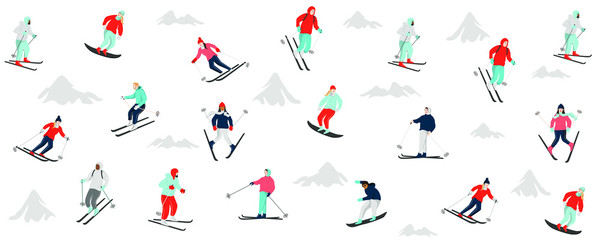 Snowboarders and skiers skiing downhill in high mountains. Set of men and women dressed in winter clothing. Group of happy people on white. Winter holiday design for header, background, card, poster