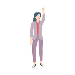 Vector young business woman manager in corporate suit standing raising fist up as sign of feminism, female rights and rebellion. Office girl against discrimination. Isolated illustration