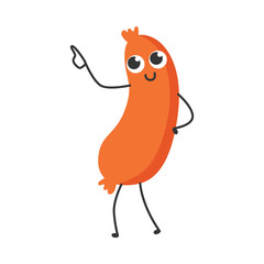 Vector illustration of sausage cartoon character standing and pointing or showing with index finger - flat smiling emoticon of meat food holding forefinger up isolated on white background.