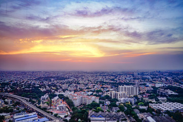 City skyline at sunset