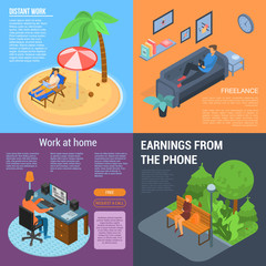 Distant work banner set. Isometric set of distant work vector banner for web design