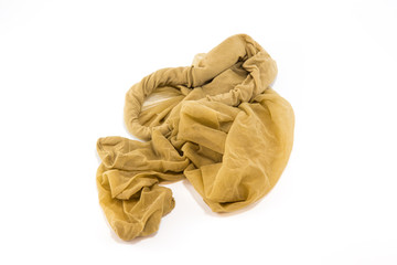 Closed up woman tan beige pantyhose stocking tight on isolated white background.