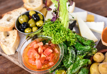 Traditional food of Canary Islands: Tomatos, pepers, olives, salad, cheese, bread and potatoes, Canary Islands