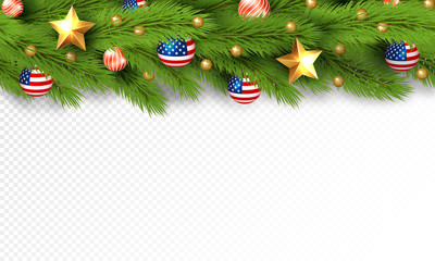 Christmas partiotic illustration. Vector border of Christmas tree branches with golden stars and balls with american flag. Merry christmas and happy new year