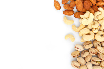 mix almond and pistachio and cashew on white background