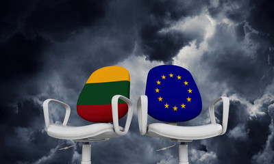 Lithuania and Europe business chairs. Internationl relationship concept. 3D Rendering