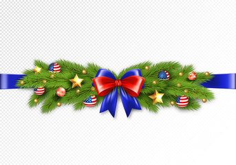 Christmas partiotic illustration. Vector border of Christmas tree branches with golden stars and balls with american flag. Merry christmas and happy new year