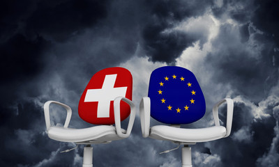 Switzerland and Europe business chairs. Internationl relationship concept. 3D Rendering