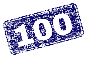 100 stamp seal print with distress texture. Seal shape is a rounded rectangle with frame. Blue vector rubber print of 100 caption with dirty style.