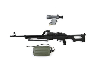 Machine gun with magazine and optical sight