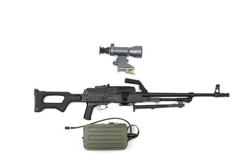 Machine gun with magazine and optical sight