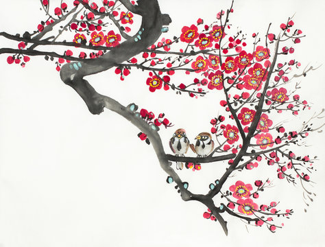 flowering plum and bird branch
