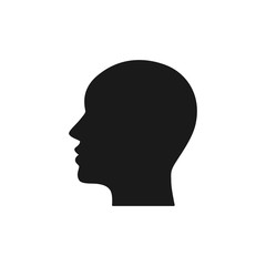 Black isolated icon of head on white background. Silhouette of head. Flat design. Profile.