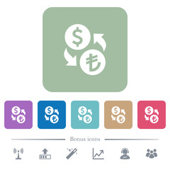 Dollar Lira money exchange flat icons on color rounded square backgrounds