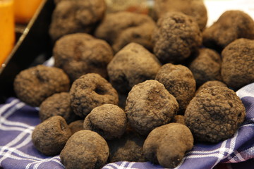 Truffles in a basket. Sell a rare species of mushrooms at the fair